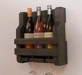 ONIJA 3 Bottle and 2 Wine Glass Rack and Holder Wall Mounted, Rustic Wooden Wine Rack, Early Indians Black